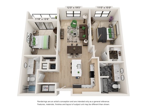 Floor plan for 2 beds, 2 baths, 1151 sqft
